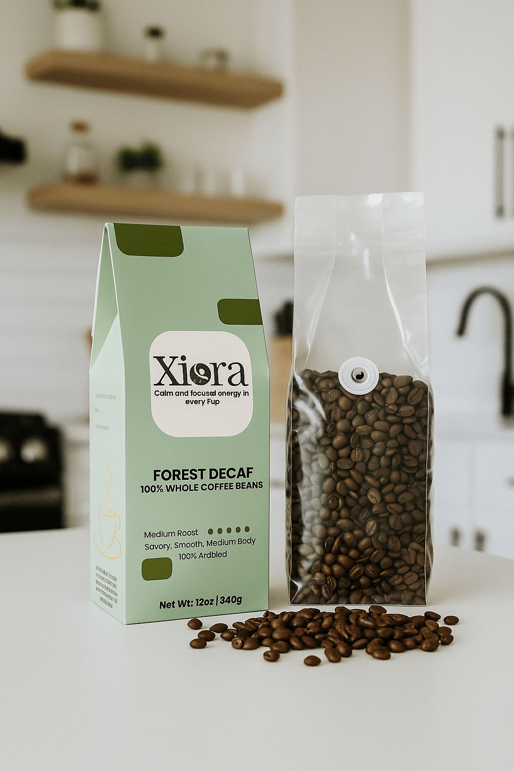 Nutrition facts and ingredients label for Vitality Mushroom Coffee. Contains Arabica coffee, Lion’s Mane, and Chaga mushroom powder.