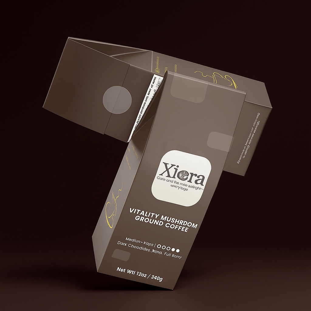 Vitality Mushroom Coffee packaging design in mid-air view. Medium roast coffee with mushroom benefits for vitality and focus.