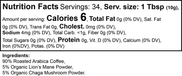 Nutrition facts and ingredients label for Vitality Mushroom Coffee. Contains Arabica coffee, Lion’s Mane, and Chaga mushroom powder.