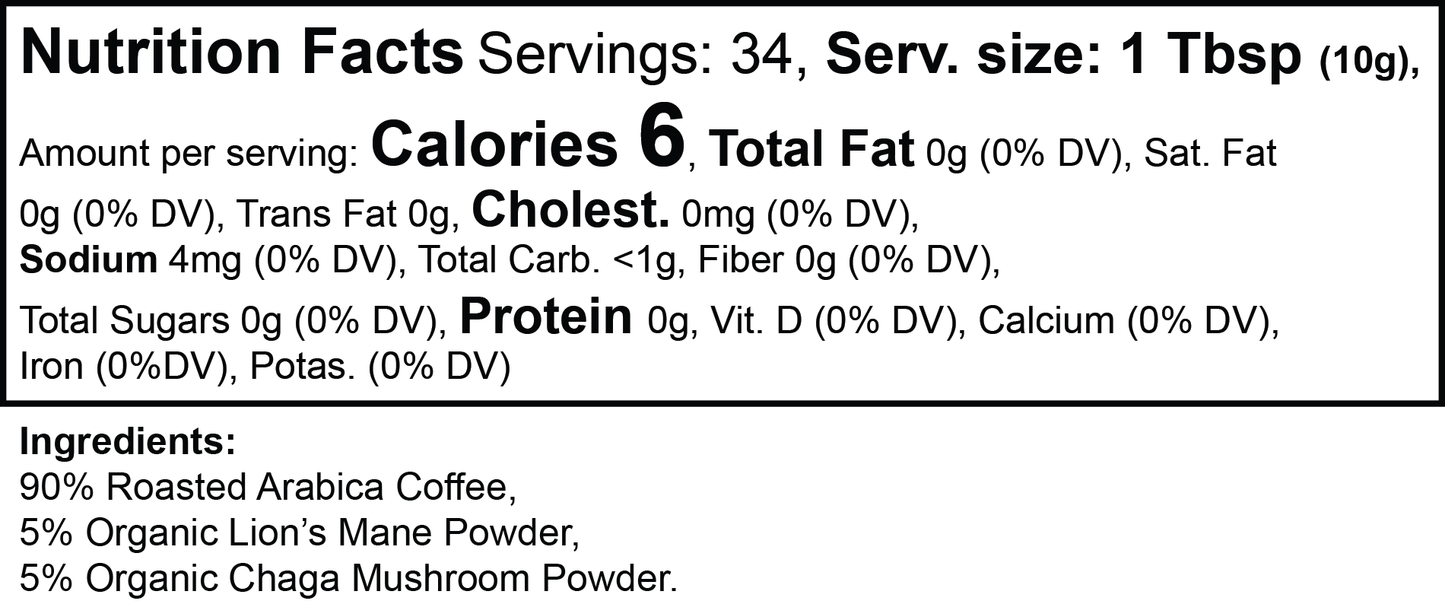 Nutrition facts and ingredients label for Vitality Mushroom Coffee. Contains Arabica coffee, Lion’s Mane, and Chaga mushroom powder.