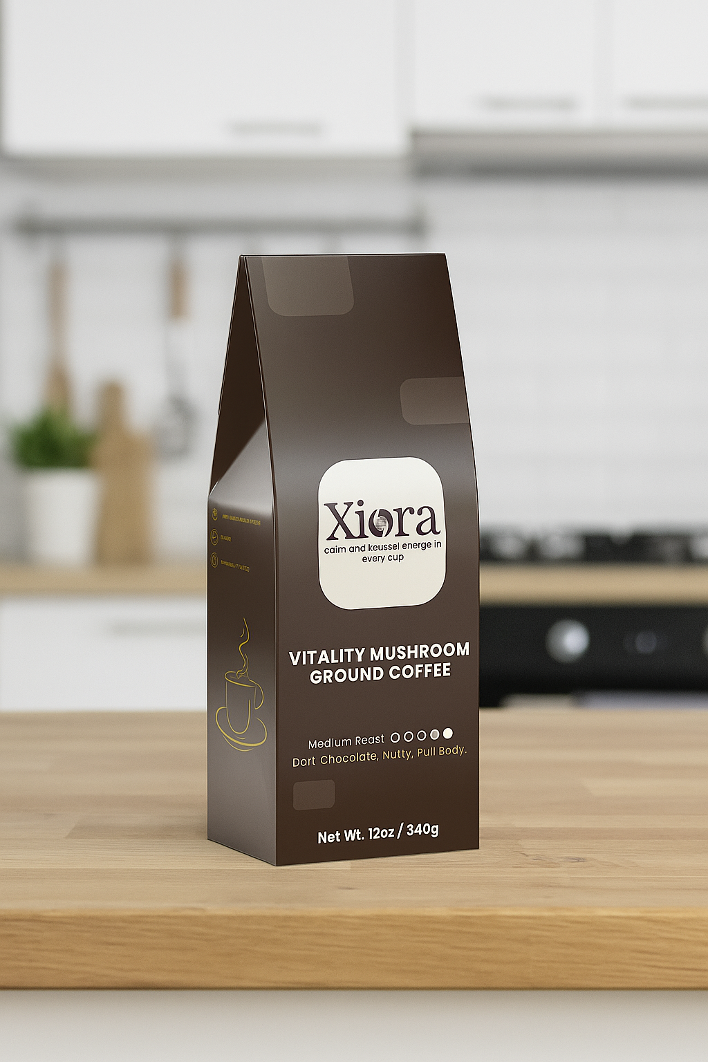 Vitality Mushroom Coffee 12oz bag displayed on kitchen counter. Medium roast with Lion’s Mane and Chaga for energy and mental clarity.