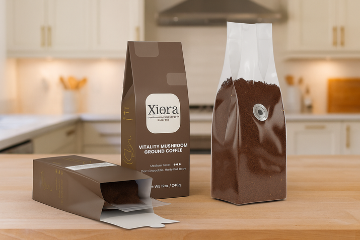 Vitality Mushroom Coffee packaging and open pouch with ground coffee on kitchen counter. Enhances energy, focus, and vitality naturally.