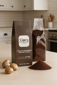Vitality Mushroom Coffee medium roast in 12oz bag with ground coffee and mushrooms on kitchen counter. Boosts energy, focus, and vitality.